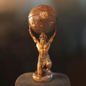 May include: A bronze-colored statue of Atlas, a mythological figure, kneeling and supporting a globe. The globe features sun and zodiac symbols. The statue is on a stone-like base, with a dark background.