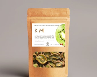 May include: A brown paper bag containing dried kiwi slices. The bag features a clear window displaying the product and a label with the word "KIWI" and the text "ORGANIC DRIED FRUIT + NOTHING ADDED + 100% NATURAL". The net weight is 100g.