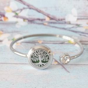May include: A silver bangle bracelet with a circular charm displaying a tree design. The bracelet features a clear crystal detail. The tree design has a green background.
