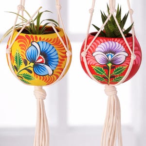 May include: Two hanging plant pots with floral designs. One is yellow with a blue flower, the other is red with a purple flower. Both are suspended by cream macrame hangers, each with a tassel.