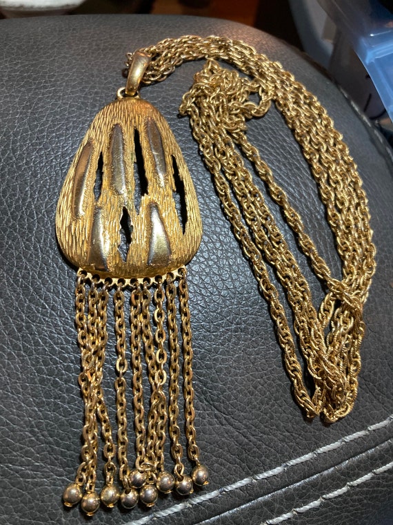 Vintage Kramer Medalion Gold Tone Fringe Necklace… - image 1