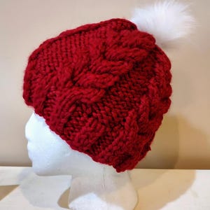 Christmas beanie red chunky cable knit with white pompom