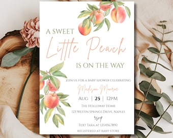 May include: Baby shower invitation with watercolor peach illustrations and the text "A Sweet Little Peach Is On The Way." Details include the name Madison Monroe, date, time, and location.