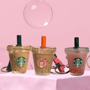 Llaveros de mini café helado, bebida rosa, refresco de fresa y açaí o frappé