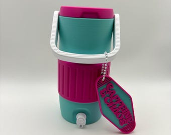 Skinny Can Cooler with Matching Caffeine & Chaos Motel Keychain Opener | 12oz Slim Can Holder | Retro Mini Cooler
