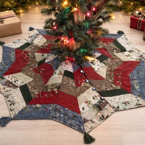 May include: A star-shaped Christmas tree skirt with a patchwork design in red, green, blue, and cream. The skirt has a button closure and tassel accents. A decorated Christmas tree sits in the center, surrounded by wrapped gifts.