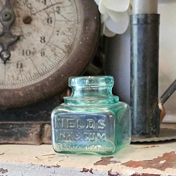 Antique Fields Ink & Gum Glass Inkwell English Advertising Aqua Blue Green Bubbled Bottle Vase Vintage Coastal Cottage Farmhouse Home Decor