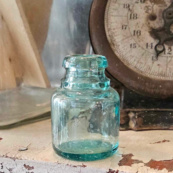 Antique Aqua Inkwell Round Tall Blue Green Bubble Glass Bottle Flower Bud Vase Vintage Farmhouse Cottage Home Vignette Photo Prop Decor
