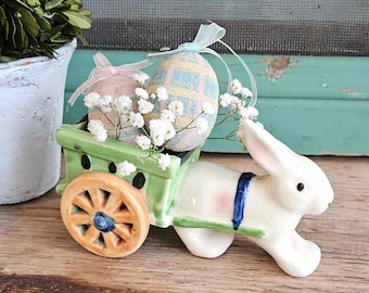 Vintage Porcelain Bunny Rabbit Pulling Cart Planter Candy Dish Figurine MCM Japan Spring Easter Crazing Patina Farmhouse Cottage Home Decor