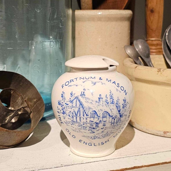 Fortnum & Mason Vintage Fine Old English Mustard Pot with Lid Blue and White Crown Devon Fieldings England Transferware Farmhouse Cottage