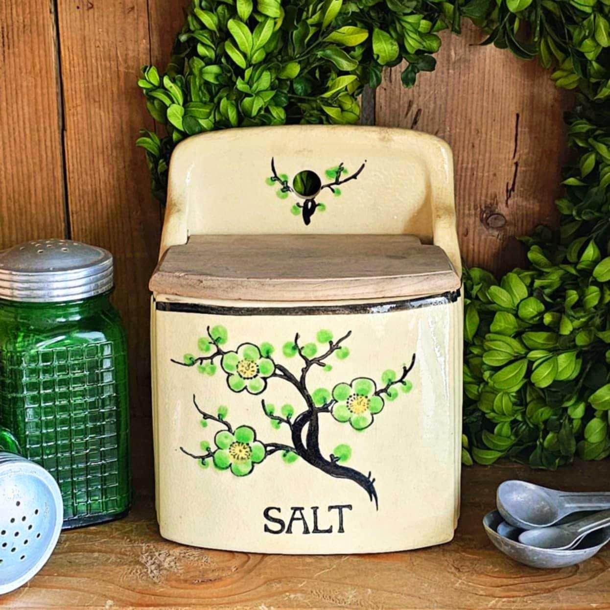 Antique 1920's Moriyama Pottery Rare Green Cherry Blossom Salt Box & Wooden Lid • Vintage Hand Painted Japan Country Cottage Farmhouse Decor