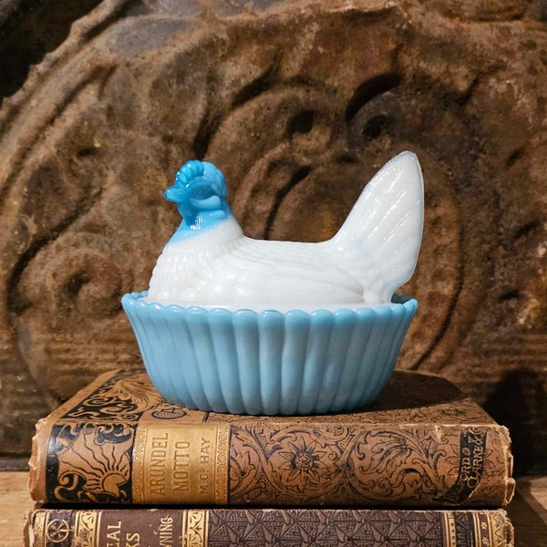 Vintage Blue & Opaline White Hen On Nest Covered Dish | Retro Cottage Farmhouse Home Decor