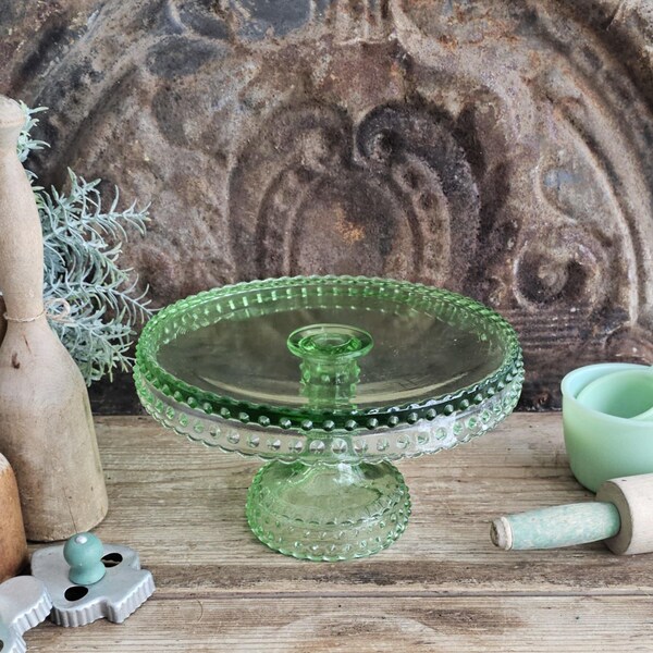 Rare Vintage L.E. Smith Green Hand Blown Hobnail Glass 9" Pedestal Cake Platter Stand Spring Easter Holiday Cottage Farmhouse Kitchen Decor
