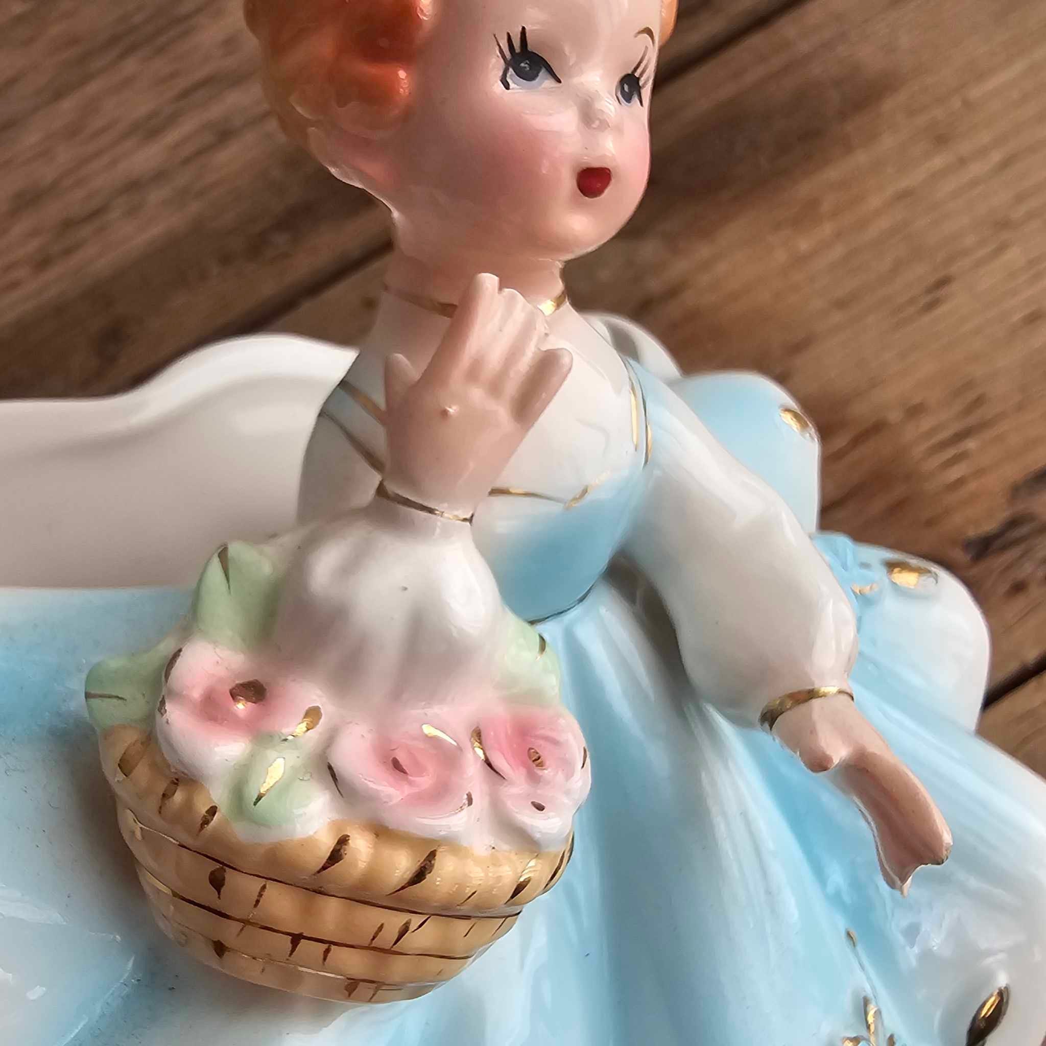 Vintage Inarco Japan Girl in Blue & White Dress Planter Vase
