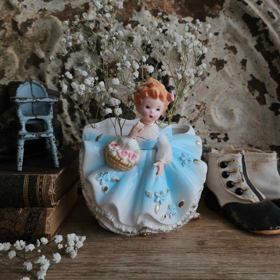 Vintage Inarco Japan Girl in Blue & White Dress Planter Vase 1961