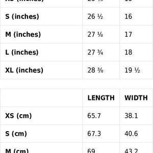 May include: Size guide for a garment with measurements in inches and centimeters. The table shows the length and width of the garment in both inches and centimeters for sizes XS, S, M, L, and XL.