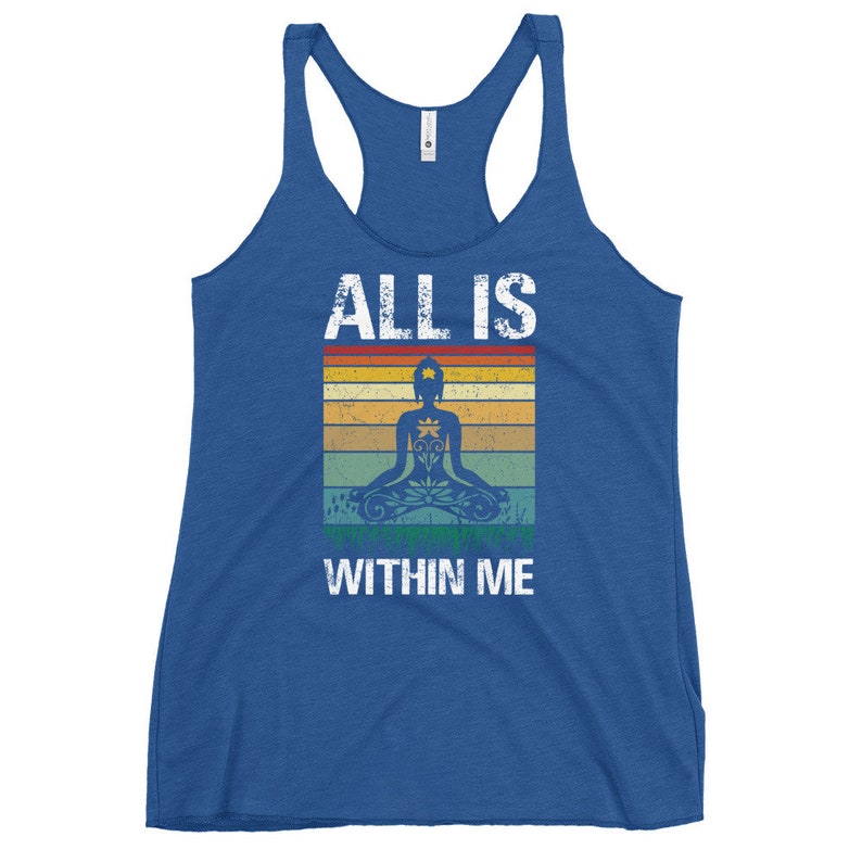 May include: A blue tank top with a vintage-style graphic of a meditating figure with the text "ALL IS WITHIN ME".