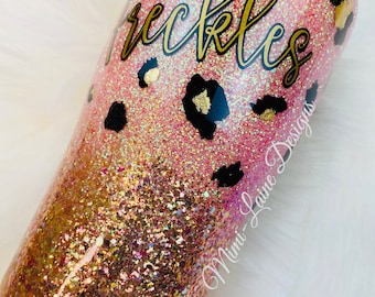 Pink/Peach Glitter Dipped Gold Leaf Leopard Spot Tumbler, Pink and Gold Glitter Ombré Tumbler, Animal Print Glitter Tumbler, Glitter Tumbler