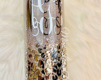 Silver Leopard Glitter Tumbler, Leopard Tumbler, Glitter Dipped Tumbler, Glitter Tumbler, Silver Glitter Tumbler, Personalized Tumbler