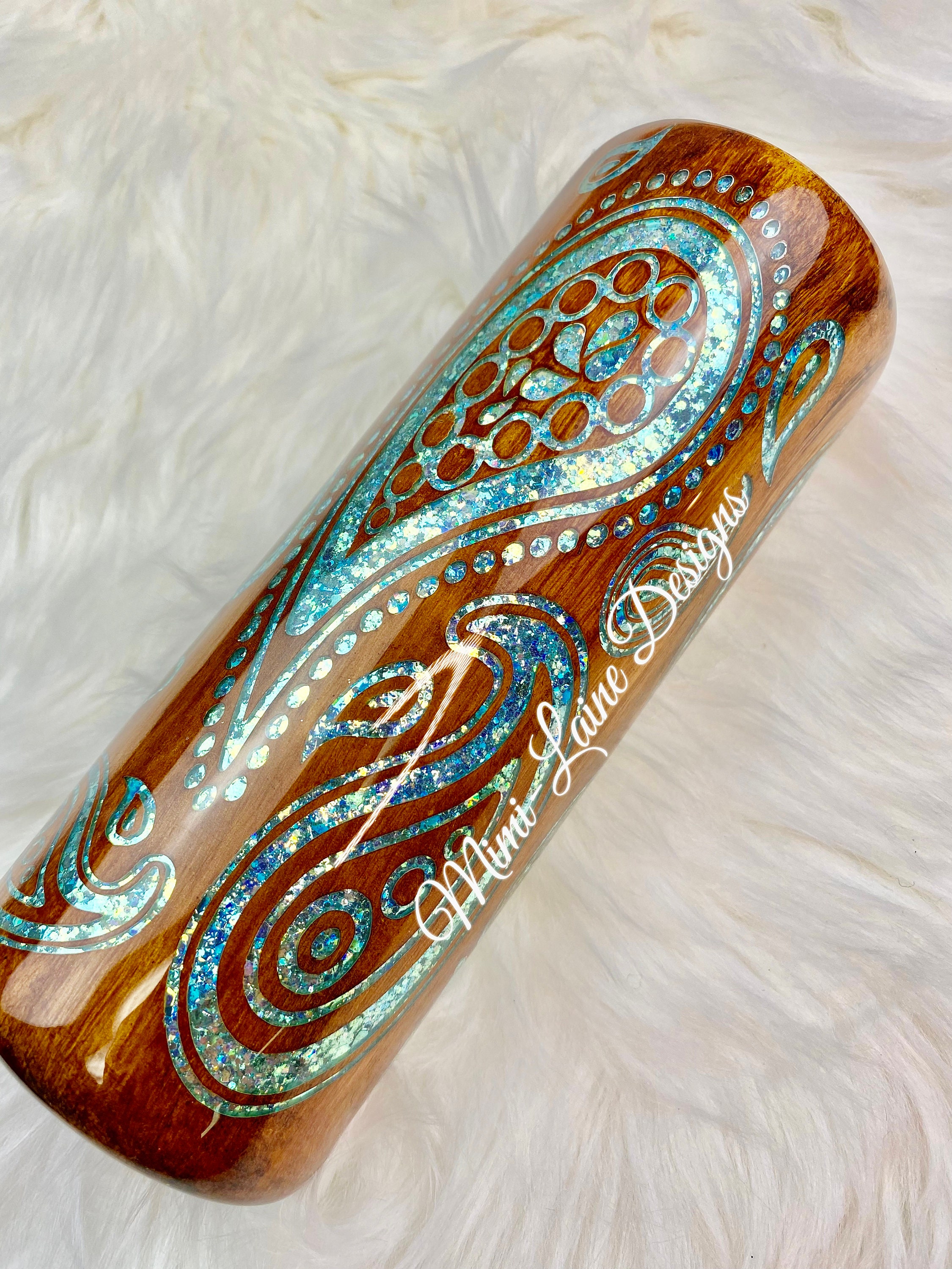 Glitter Wood Grain Peek a Boo Tumbler, Wood Grain Tumbler, 20/30 Oz Skinny Tumbler, Wood Grain Tumbler w/ Paisley, Turquoise Glitter Tumbler