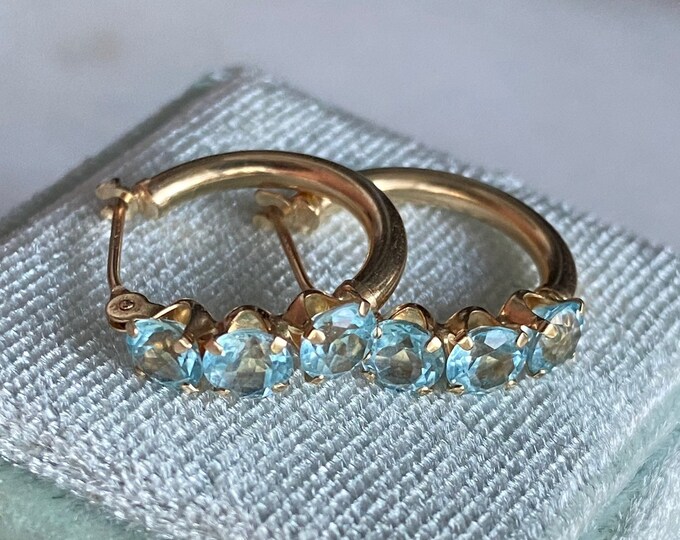 Vintage 14k Yellow Gold Hoop Earrings With Blue Topaz / Retro Gold