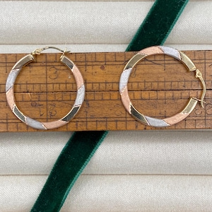 Vintage Tricolor Gold Hoop Earrings in 14k Gold / 1" Retro Gold Hoops