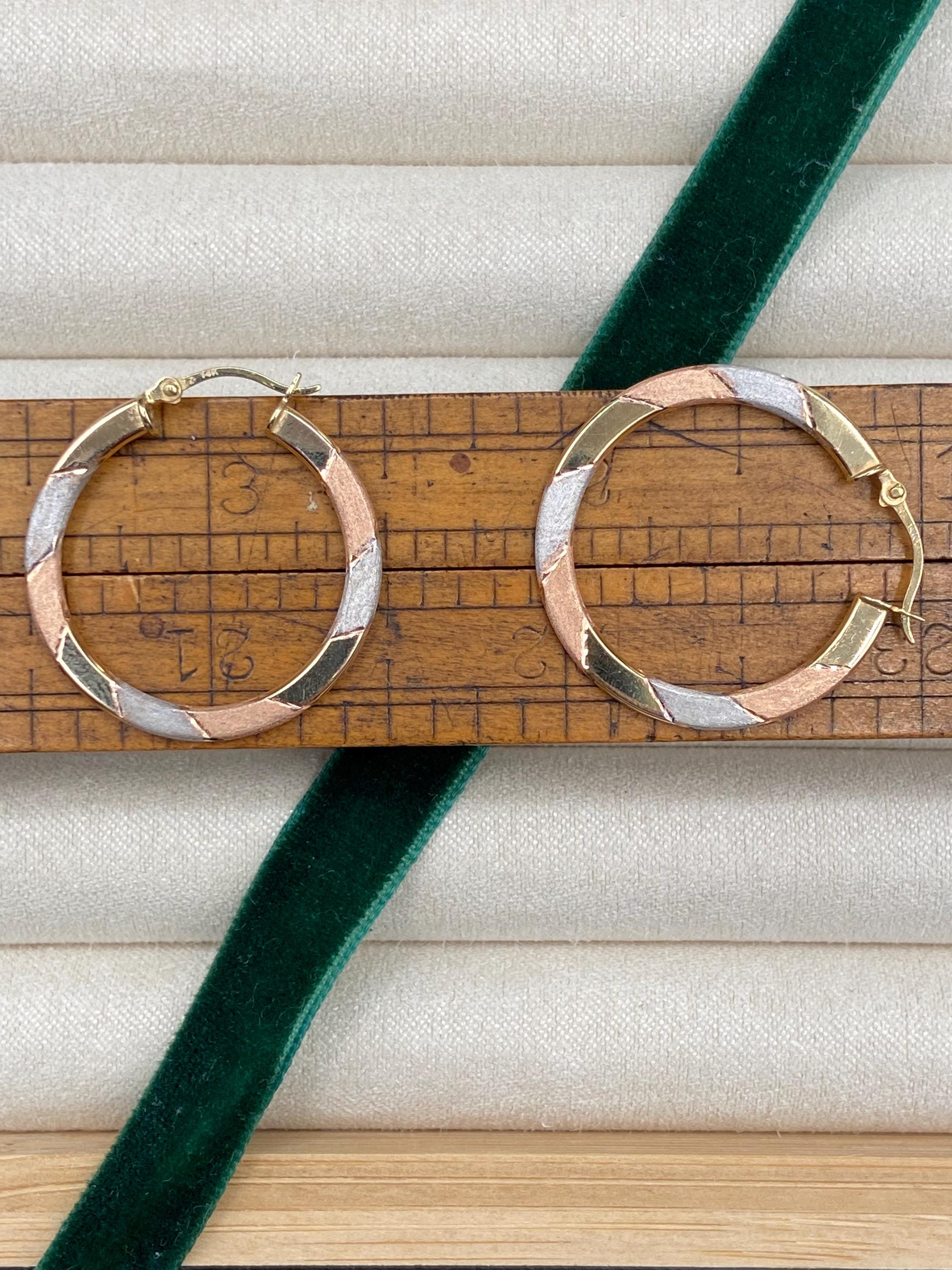 Vintage Tricolor Gold Hoop Earrings in 14k Gold / 1" Retro Gold Hoops