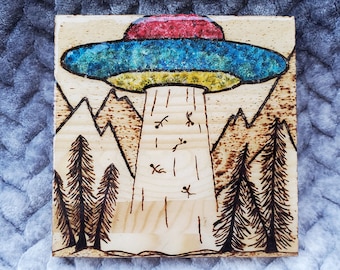 Pressed Flower filled UFO | Flying Saucer Wood Burn | Wood Burn Art | Children In Woods | Handmade