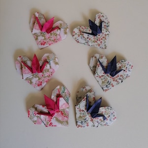 6 piccoli cuori con gru origami / 2 fantasie / Colori bianco rosa blu/ Idea regalo