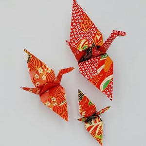 3 gru carta Yuzen/origami/ riflessi dorati/ rosso fantasia/ Decorazione / Idea regalo
