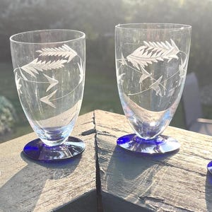 Weston Glass Louie Cobalt Blue Juice Glasses- 4 oz- Vintage- Elegant Etched