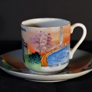 Vintage Enco NYC Miniature Tea Cup & Saucer: Hand-Painted DC Monuments