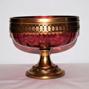 Ribbed Cranberry Glass and Gold Trim Footed Bowl- Art Nouveau