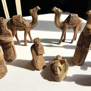Wood Nativity Set- Hand Carved- Christmas Decorations- Religious- Mary Joseph Jesus Wisemen Camels Sheep
