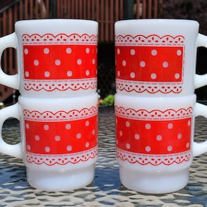 Fire King Red Lace Polka Dot Mugs - Set of 4 MCM Milk Glass