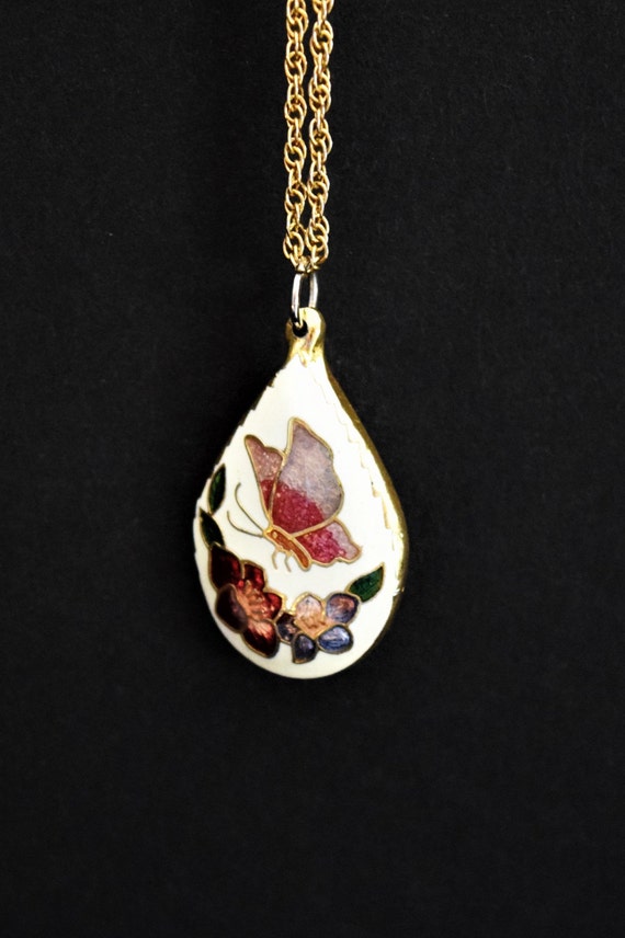 Cloisonné Butterfly and Flower Necklace- Tear Drop