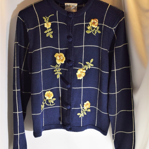 Susan Bristol Sweater (NWT)- Navy, Ivory, Yellow Flower/ Hand Embroidered- 1991/ Size S/ Preppy Button Down Sweater- Vintage