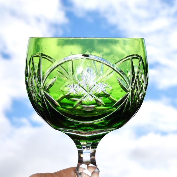 Bohemian Green cut-to-clear Wine Glass/ Stemmed Barware/ Liquor Glass/ Hock Wine Goblet/ Czechoslovakian Decor