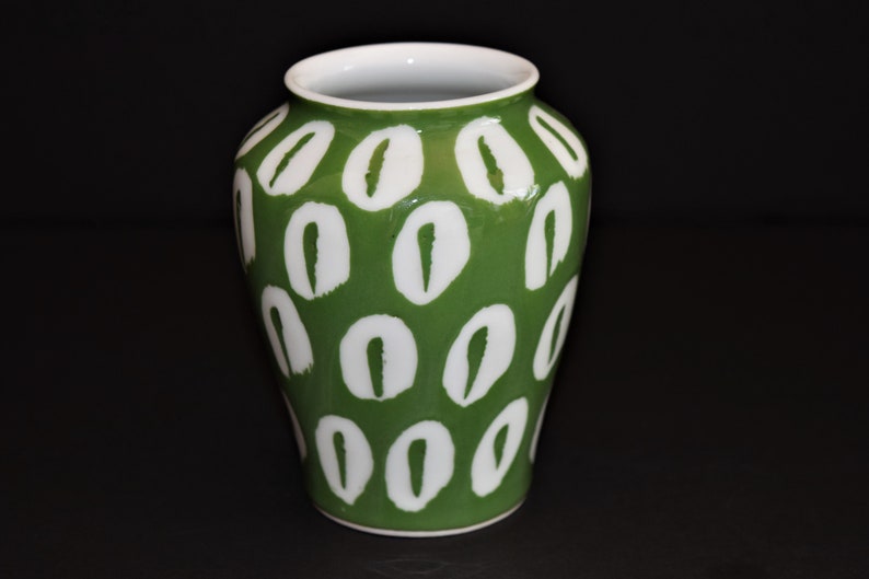 Green and Ivory Signed Vase-Urn-Vintage Cowrie Shell Beach Decor Contemporary
