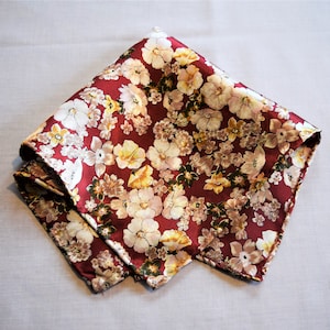 Vintage Square Handkerchief/Hankie- Floral- Red White Tan Yellow Green/ Satin/ Women&#39;s Accessories/ Scarf/ Wrap