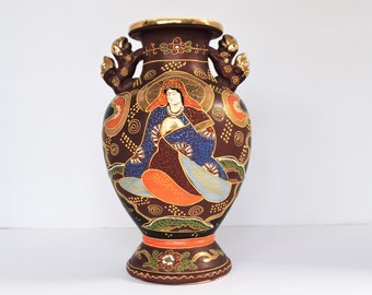 Signed Satsuma Vase- Foo Dog Handles- Man Woman Landscape -Japan Moriage/Asian Pottery-Porcelain-Wine-Tangerine-Plum-Green-Gold