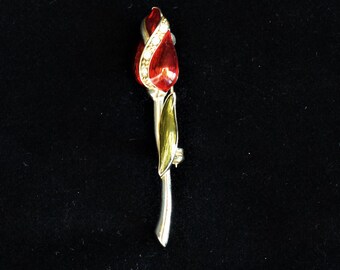 Red Rose Brooch- Gold Tone Stem and Leaf- Rhinestones- Vintage Pin- Costume Jewelry