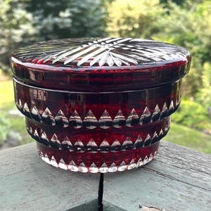 Ruby Red Covered Trinket Dish Bowl- Cut to Clear- Jewelry Storage- Candy Dish- Vintage