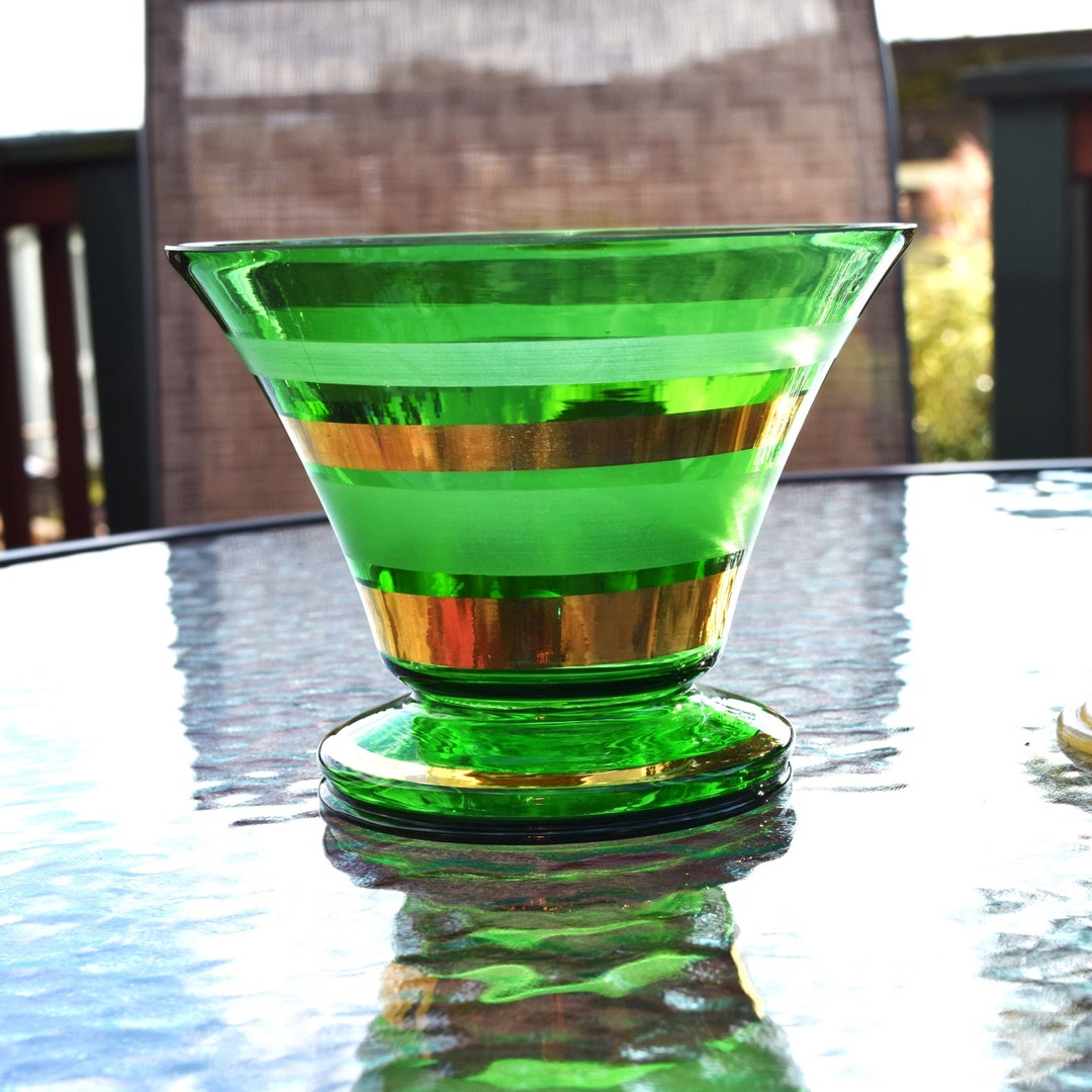 Emerald Green Glass Gold Stripe Vase/ Chip Bowl/ Candy Dish/ Bohemian ...