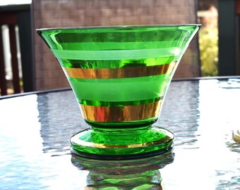 Emerald Green Glass Gold Stripe Vase/ Chip Bowl/ Candy Dish/ Bohemian Green Glass Decor/ Czechoslovakian Glassware/ Planter