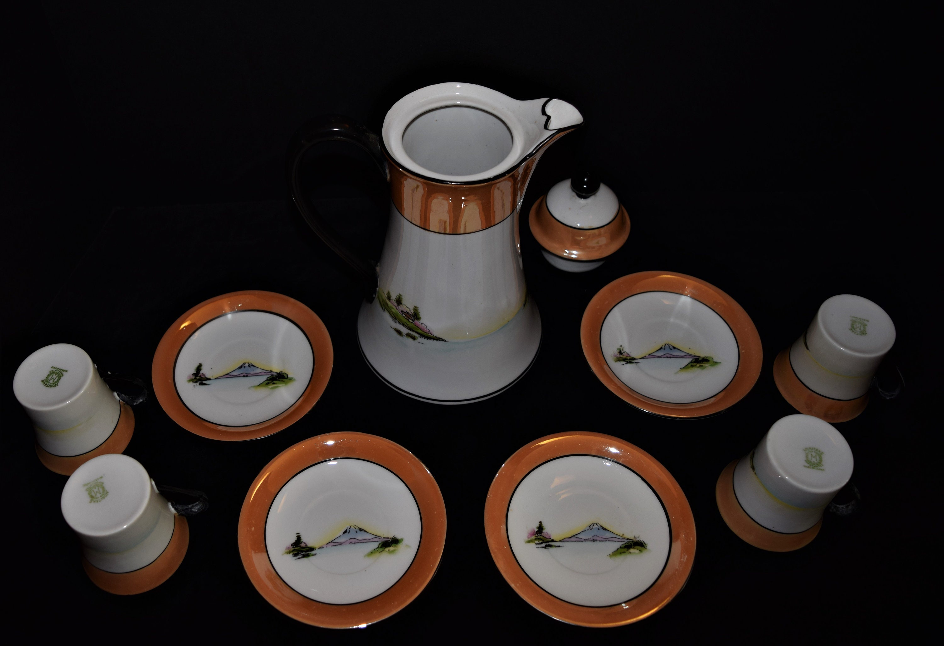 Noritake Scenic Chocolateteacoffee Pot With 4 Cups/saucers Etsy
