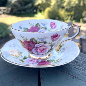 Royal Sutherland Staffordshire Rose Tea Cup/ Victorian/ Shabby Chic/ Gold Trimmed/ Pink & Yellow/ Bone China/ England