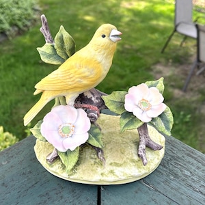 Canary by Andrea Figurine- Yellow Bird with Pink Flowers- Ceramic Bird Figurine- Art Decor- Bird Lover Gift- Made in Japan