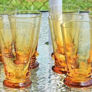 8 Amber Drinking Glasses/ MCM Barware- Raised Flowers