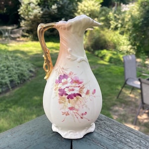 Cream Colored Floral Pitcher- Hand Painted- Gold Handle- Wine Colored Flowers- Vintage